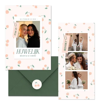 Trouwset met vrolijke kersjes in oranje roze en groen